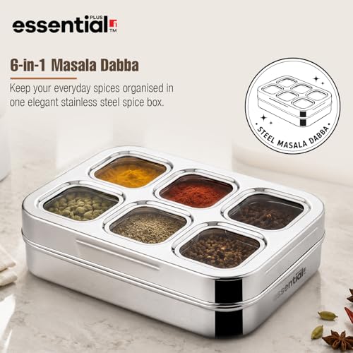 Image of Essential Plus Stainless Steel Multi Use Box, 24.5cm (150ml), See Through Lid, 6 in 1 Masala Dabba / Spice Box for Kitchen, Rectangular Spice Organizer / Masala Dani with 6 Containers, Easy to Clean