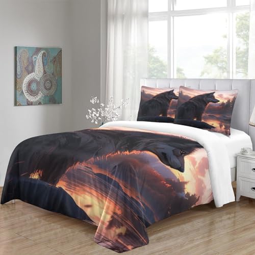 Housse de couette loup forêt et rivière, parure de lit lit double avec taie d'oreiller zippée - 5