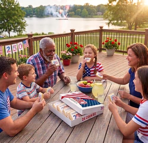 Image of America 250th Anniversary Cookies American Flag 250 Birthday Cookie INDIVIDUALLY WRAPPED July 4th Party Favors Patriotic USA Independence Day | 24 Pack | For Kids Men Women Bulk Red White Blue