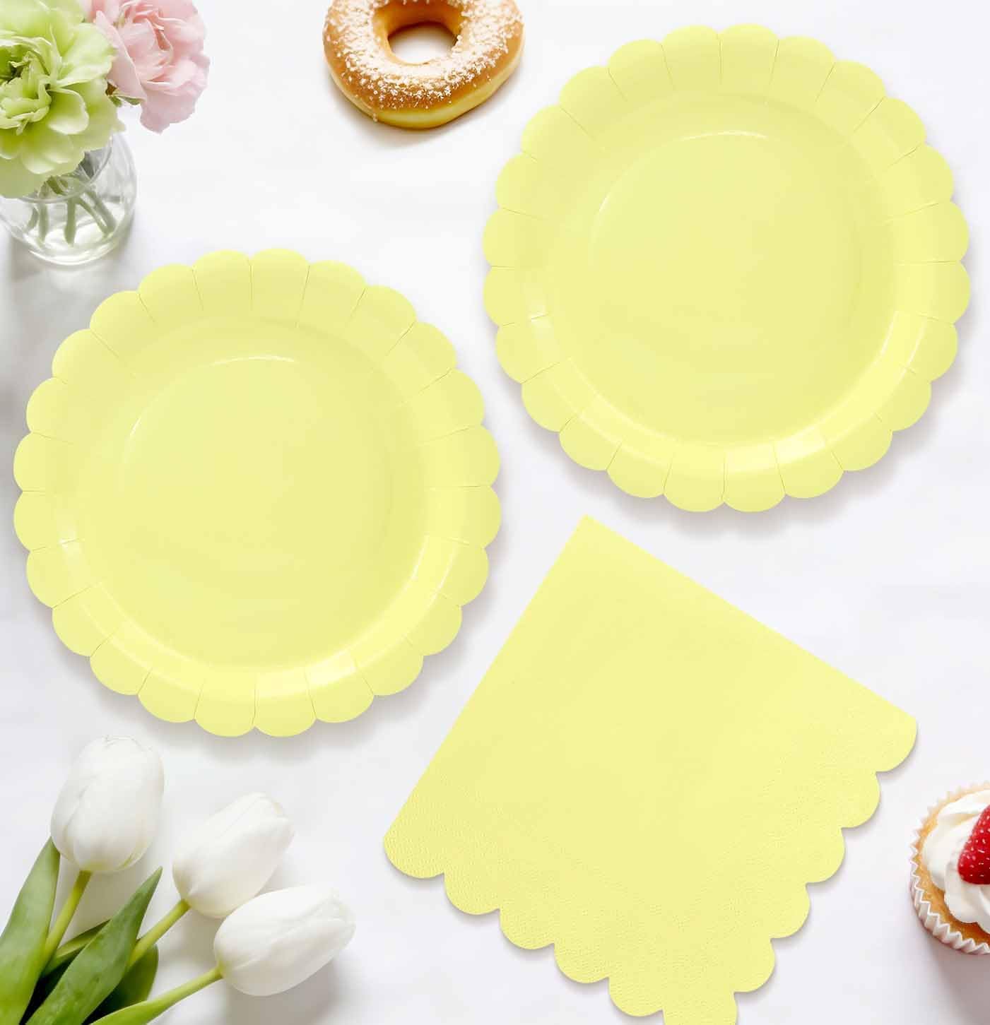 HEIPINIUYE 50 Pcs Yellow Paper Plates and Napkins Party Supplies Include 7'' Yellow Scalloped Plates and 6.5'' Paper Napkins Disposable Tableware Set for Dinner Wedding Birthday Party (Serves 25) image 2