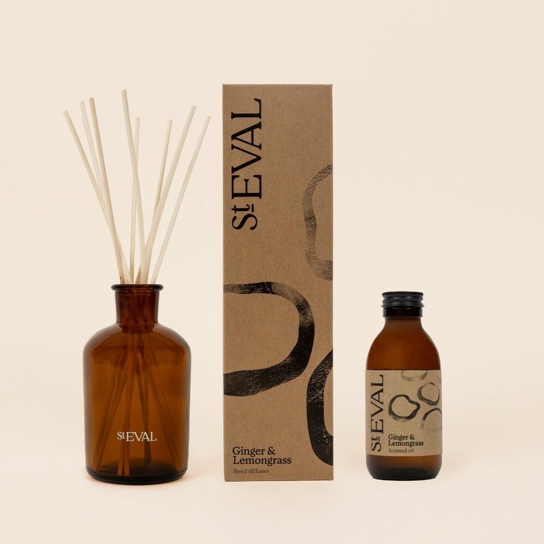 St Eval Amber | Ginger & Lemongrass Reed Diffuser Gift Set | Fiery, Zesty And Energising Fragrance | Made In Cornwall | Scented Diffuser Oil Refill | Ideal For Home And Office