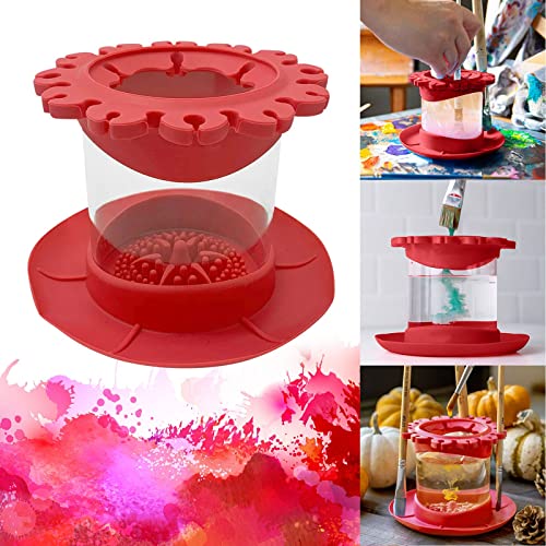Ajgsom Paint Brush Cleaner Rinse Cup (All-In-One), Fine Art Paintbrush Cleaning Cup With Palette And Brush Organizers, Pigment Rinse Cups For Painting, Brushes Holder & Silicone Cleaning System (Red) #TOP2