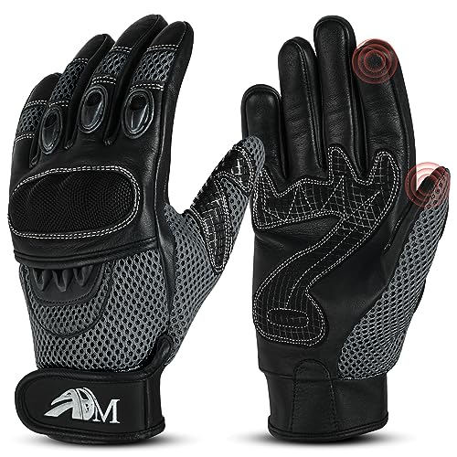 ADM Gants Moto Scooter Homme Cuir Homologués CE Tactile Logo Motard Été Hiver Doux Mi-Saison Souples Respirants Antidérapants, Réf. 9001, Gris Taille L