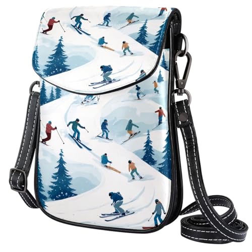Kleine Umhängetasche aus Leder für Damen, Retro-Kamera, lässig, Handy, Geldbörse, Schultertasche, Schultertasche mit verstellbarem Riemen, für Einkaufen, Wandern, den täglichen Gebrauch, Skiing Crowd