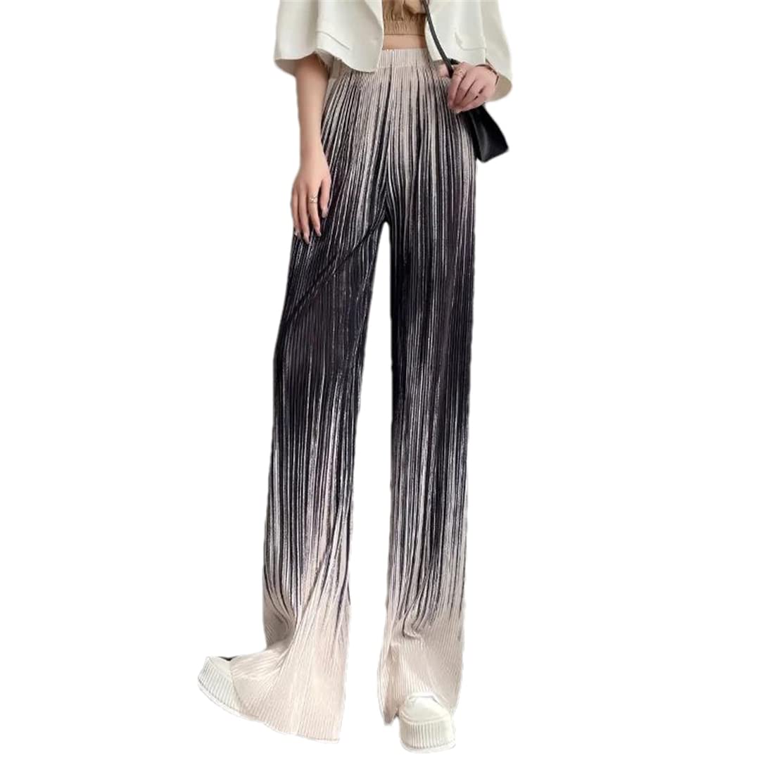 Women Gradient Wide-Leg Pants Tie-Dye Wrinkle High Waist Ice Silk Casual Mopping Pants