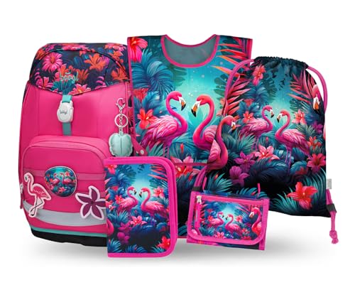 Baagl Schulranzen Mädchen Set 5 Teilig (Airy Plus Schultasche für 1. Klasse Mäppchen Turnbeutel Schürze Brustbeutel) Grundschule Ranzen Ergonomischer Schulrucksack 25 l (Flamingo)