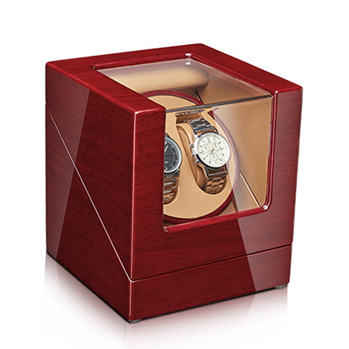 Uhrenaufbewahrungsbox für 2/4 Automatikuhren mit leisem Motor, flexiblem Uhrenkissen, Acrylglas, Holzgehäuse, Klavierlack-Finish.，2+0