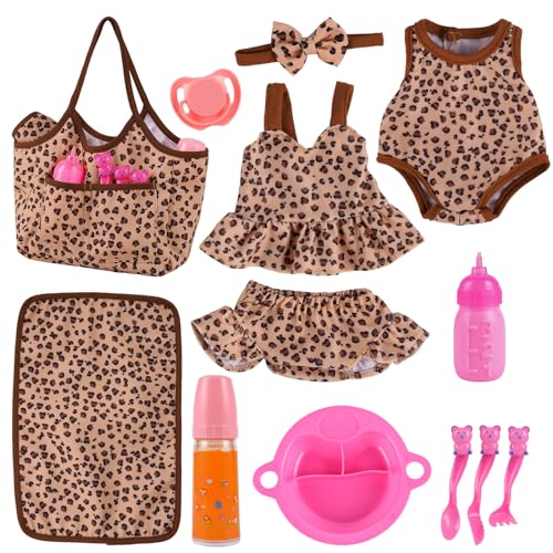 BABESIDE 11-Piece Baby Doll Clothes & Accessories for 10-12 Inch Dolls - Feeding Set with Carry Bag, Bottles, Tableware, Outfits for Newborn Girl (Leopard Pattern)