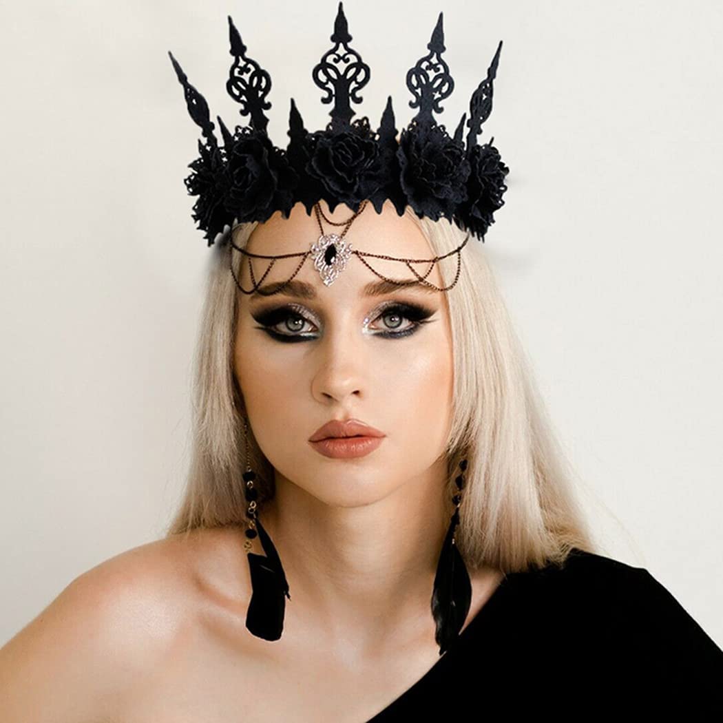 SYOSI Gothic Vintage Crown Headpiece, Gothic Floral Headpiece, Masquerade Cosplay Hair Accessory for Witcher Makeup Ball Party, for Women and Girls (Black)
