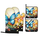 DJUETRUI Juego de 4 guantes de horno y soportes para ollas, coloridos con estampado de mariposa, guantes de cocina de alta resistencia al calor y almohadillas calientes, antideslizantes, impermeables