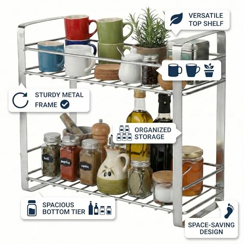Image of TechSrmaji 2 Tier Stainless Steel Kitchen Rack | Multipurpose Storage Shelf for Kitchen & Bathroom | Rust Proof Dish Rack, Spice Organizer, Bathroom Shelf (Silver)
