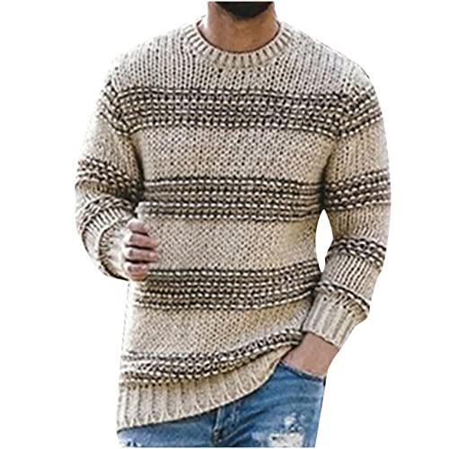 Knitted Sweater for Mens, Striped Patchwork Chunky Knit Wool Pullover Loose Baggy Casual Crewneck Jumper Tops