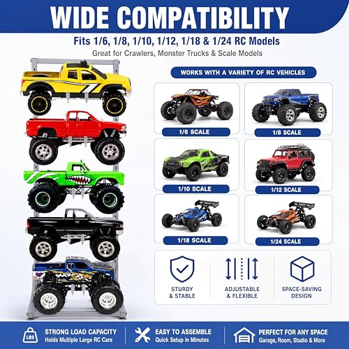 Image of AceOrbit Rc Car Stand 5 Layer Adjustable Wall Mount Car Display Rack with Screws Crawler 15 inch x 13 inch x 60 inch Storage System for 1 /10 1 /12 1 /18 1 /24 1 /32 Multiple Scale Cars /Trucks Stand Shelf(Silver)