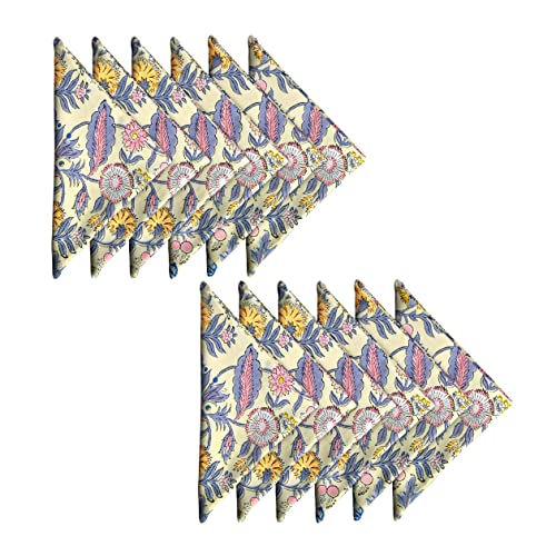 Avka Studio Cotton Print Dinner Napkins 18X18 Inches - Washable Cloth Napkins Set Of 12 - Everyday Use Or Dinner Party And Events - Light Yellow Indian Block Printed Fabric #TOP7