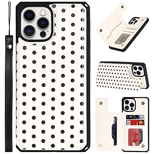 Cavor For Iphone 12 Case With Card Holder,Iphone 12 Wallet Case For Women Men,Phone Cases For Iphone 12 Pro Case With Stand & Strap,Polka Dots Leather Shockproof Protective Case Cover- White #TOP6
