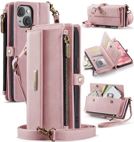 Coque iPhone 15 portefeuille anti-perte avec poche zippée rose
