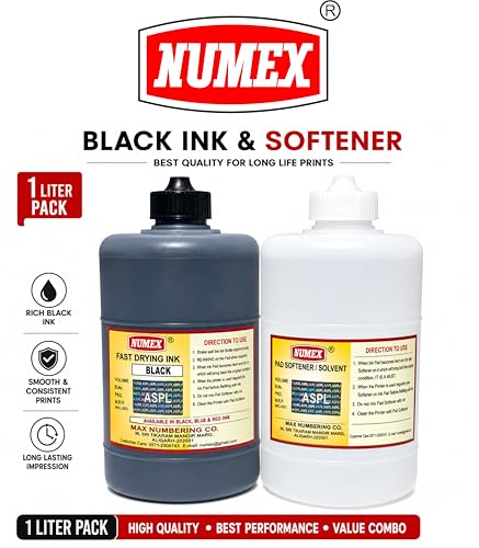 Image of NUMEX Black Batch Printing Ink & Softener Combo | 1000 ml Pack | Fast Drying Formula | for Manual Batch Coding Machines | Suitable for Packaging Use