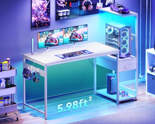 Image of Casaottima 54'' Gaming Desk with LED Lights & CPU Stand, Reversible Computer Desk with Storage Shelves & Fabric Drawer, Modern PC Gamer Table with Headphone Hook, Carbon Fiber White