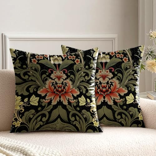 HUASHUZI Cushion Covers William Morris 50x50cm Black Red Flowers Decorations Double Sided Pattern Throw Pillow Case Set of 2 Home Decor for Sofa Bench Couch