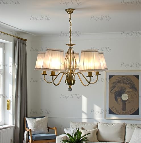 Image of Prop It Up 5-Light Chandelier with White Fabric Shades for Home, Gold Finish jhoomer for Hall, E27 Base, 72x78 cm, Crystal Accent, Bulb not Included