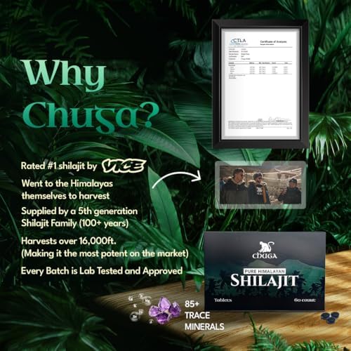 Chuga Pure Himalayan Shilajit Tablets for Men & Women | Organic Shilajit Harvested 16,000 Feet | Lab Tested in USA, 75+ Fulvic Acid, Grade A, Immune Booster, Shilajit Tablets, 60 Servings (1)
