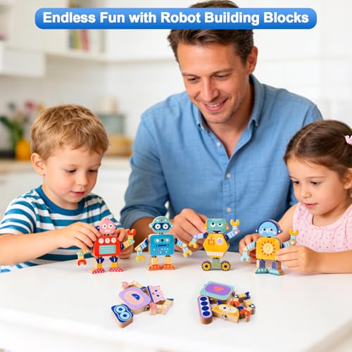 Wooden Snap-Together Robot Building Block Set, Montessori STEM Take-Apart Toy, 33-Piece Fine Motor Skills Learning Toy with Poseable Limbs for Different Robot Poses,for Kids Ages 3-6 with Storage Bag - Image 3