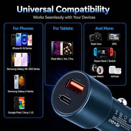 Image of Ailkin 48W Dual Output Car Charger Fast Charging with Type-C PD (36W) & USB(12W), Charging Adapter Compatible with Cars for iPhone 17 /16 /15 & Android Smartphone, Smartwatch, Earbud, Power Bank