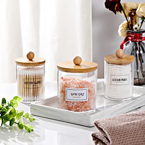 Vitever 3 Pack Qtip Holder Dispenser With Bamboo Lids - Apothecary Jar Containers For Vanity Organizer Storage - Bathroom Accessories Set For Cotton Swab, Ball, Pads, Floss #TOP4