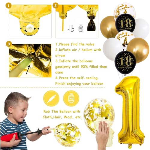 Image of Jobkoo 18th Birthday Decorations, Black Gold 18th Birthday Party Decoration for Boys Girls Golden Black 18th Balloons Cake Topper 18th Banner for 18 Year Old Party Supplies