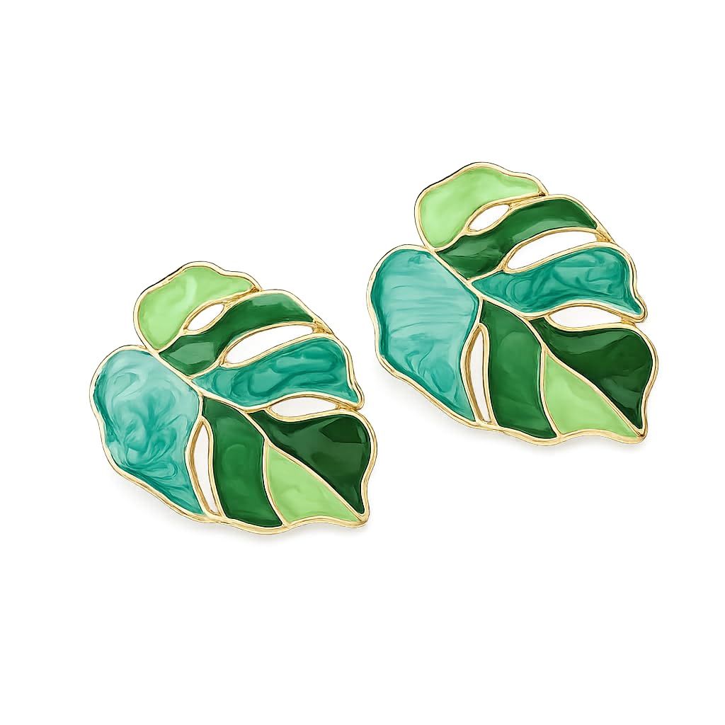 Leaf Stud Earrings, Green Enamel, Gold-Tone, Monstera Leaf Design, Statement Jewellery For Women-image-35
