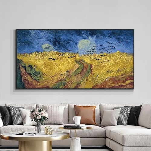Toile Champ de blé aux corbeaux de Van Gogh avec cadre noir en format xxl de 75 x 150 cm