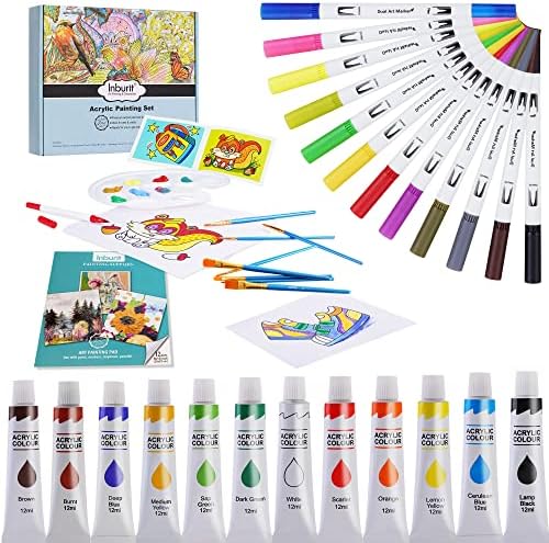 Art Supplies Set with 12 Acrylic Paints, 12 Watercolor Pens, 8 Brushes, Pre-Printed Paper Etc, Creative Painting Supplies Kit for Kids, Artist and Student