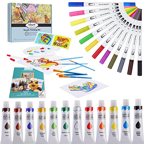 Art Supplies Set With 12 Acrylic Paints, 12 Watercolor Pens, 8 Brushes, Pre-Printed Paper Etc, Creative Painting Supplies Kit For Kids, Artist And Student #TOP2