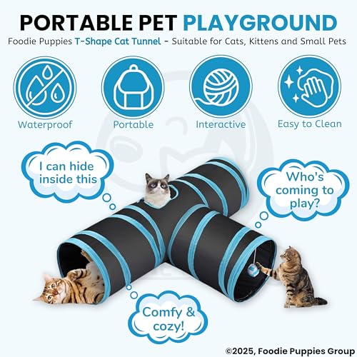 Image of Foodie Puppies Interactive Lightweight Foldable T-Shape Tube Hiding Tunnel with Hanging Ball - Perfect for Small Cats, Kittens, Rabbits and Guinea Pigs (Blue Black)