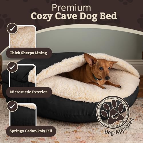Image of Snoozer Cozy Cave Dog Bed, Round Covered Dog Bed, Black (S)