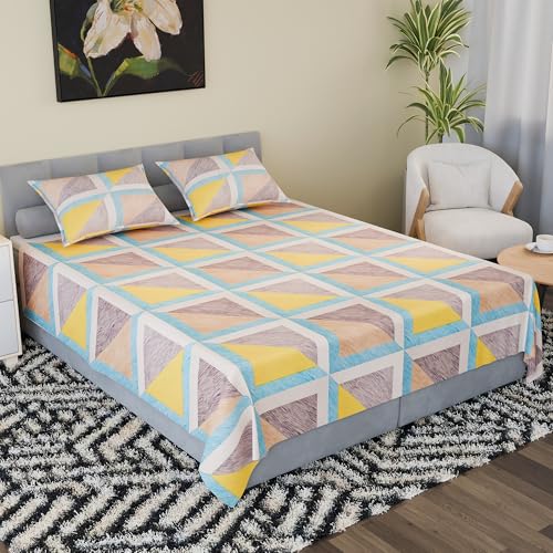 Image of Kuber Industries Cotton 144 TC Double Bedsheet With 2 Pillow Covers | Machine Washable Soft Bedsheet For Living Room, Home & Hotels | Multi Triangular Print - Yellow & Green