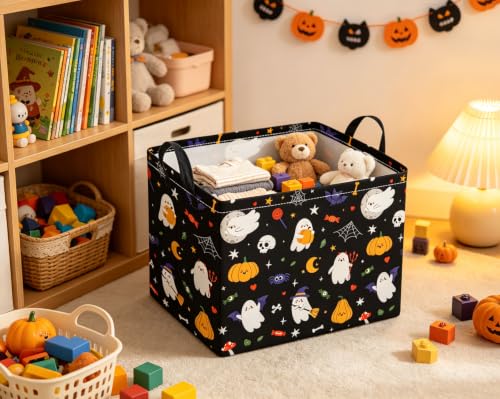 Image of Rectangular Halloween Basket for Boys and Girls Kids Trick or Treat Pumpkin Basket for Halloween Parties Cute Storage Bin Organizer Box Room Decor(Black Halloweens)