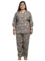Dream Darzi Women's Printed Flower Cotton V Shape Neck Collar 3/4 Sleeve Pocket Night Suit Set Top & Pyjamas -Black-7XL