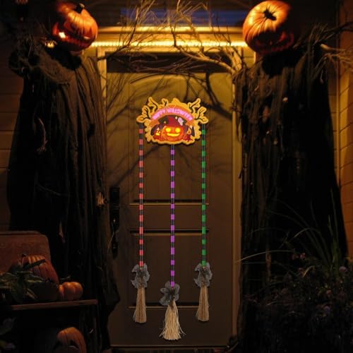 Halloween Witch Broom Decoration,Happy Halloween Sign with 3 Wooden Witches Brooms,Rope Pumpkin Lights Decor with Ghost and Witch's Hat for Porch Wall Outdoor Indoor(No Batteries Provided)