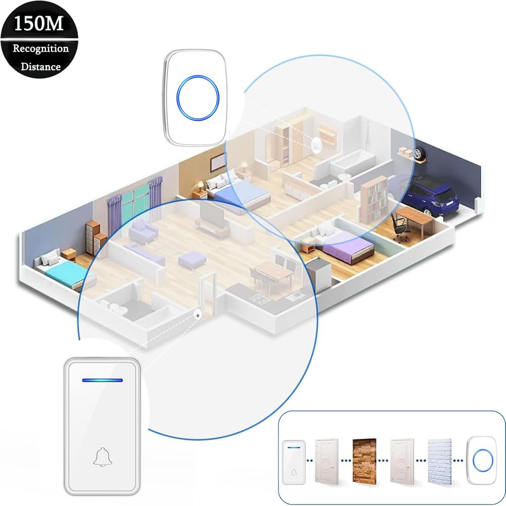 Genérico Timbre inalámbrico con Enchufe británico, autoalimentado, sin batería, Alcance de 150 m, botón de 60 Canciones, Impermeable para Exteriores, para el hogar, la Escuela y la Oficina,