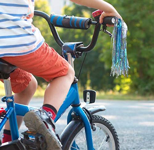 Manillar de bicicleta para niños y niños, serpentinas coloridas con pompones, par de empuñaduras de bicicleta, cinta brillante con borlas, accesorios para portabebés para niñas y niños (azul) 4