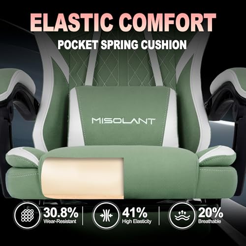 Image of Misolant Gaming Chair, Fabric Gamer Chair with footrest for Adults, High Back Ergonomic Computer Game Chair with Adjustable Headrest and Massage Lumbar Support, 90-155 Recline Free, Green