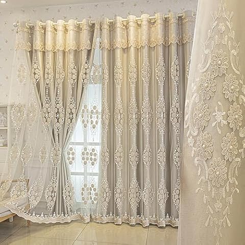 Amidoudou 1 Pair European Double Layer Curtains with Valance for Living Room Bedroom 3D Flower Embroidered Curtains (Beige,51x96 Inch) Cover