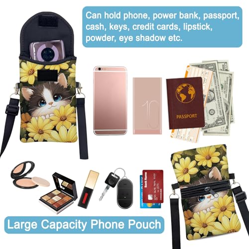 Image of Neoprene Cell Phone Sleeve Pouch Case Bag with Crossbody Strap Neck Lanyard for Women 7.5 X 4.3 in Sunflower Cat