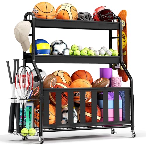 Keepmisc Sports Equipment Organizer Large Capacity Garage Ball Storage Rack with Wheels Heavy-Duty Rolling Ball Cart for Basketball Soccer & Sports Gear