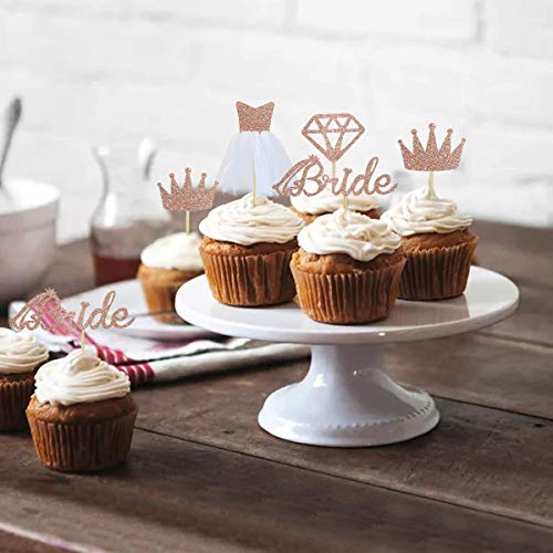 32 Rose Gold Glitter Bride To Be Cupcake Toppers With Diamond,Crown,Bride,3D Tulle Dress Cupcake Toppers For Bridal Shower Supplies, Wedding Engagement, Bachelorette Party Decorations #TOP4