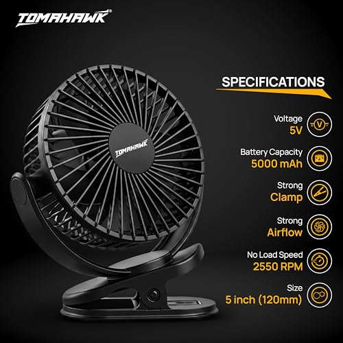 Image of Tomahawk DCF-3465 Rechargeable Cordless Clip-On Fan | 5000mAh USB Battery Fan | 720 Adjustable Rotation | 3 Speed Silent Brushless Motor | Desk & Clamp Fan for Home, Office & Travel (Black)