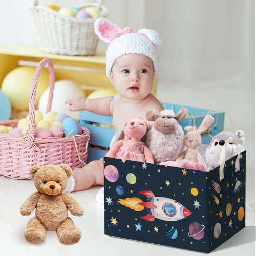 Image of Rocket Storage Basket with Handles, Rockets Foldable Space Organizer, Waterproof Toy Box for Boys Girls, Multi Storage Container for Nursery Room, Rocket Storage for Clothes, Gifts and Home Decor