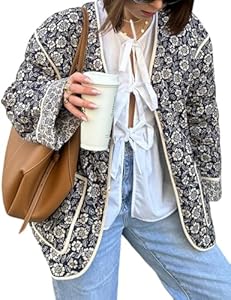 VDWIP Vestes matelassées légères pour femmes, veste courte à motif floral, à manches longues, manteau cardigan bouffant chaud pour l'automne 2024, bleu marine, Large