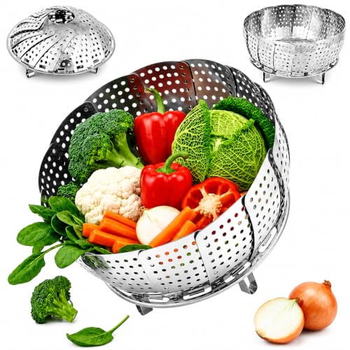 Image of Stainless Steel Steamer Basket for Cooking, 24 cm Foldable Vegetable Steamer Basket, Expandable Steam Cooker Insert for Momos, Dumplings, Vegetables & Fruits, Dishwasher Safe Food Steaming Basket